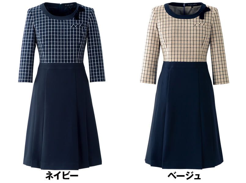 en joie(アンジョア) 61630 医療事務に人気!癒し系の七分袖ワンピース(女性用)(ブローチ付) チェック 色展開