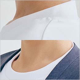 アイトス 40503 [通年]スロープネック半袖Tシャツ(ポケット無し)[男女兼用] スロープネック。首の後ろにかけて襟を高く傾斜させたデザインでジャケットの襟とのバランスを美しくキープ。皮脂や汗によるジャケットの襟裏汚れも防止。
