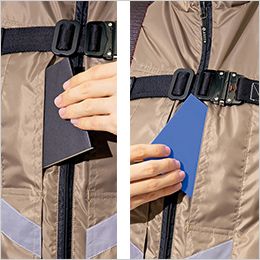 アイトス AZ50297 空調服ベスト (男女兼用)[返品NG] 墜落防止用器具の影響を受けにくい胸部にポケットを装備、高所でも少ない手の動きで中のものが取り出せます。