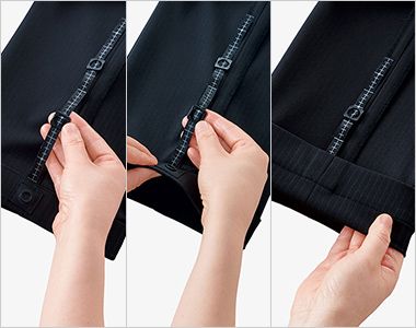 Bonmax AP6253 [通年]ポリジン 裾上げらくらくパンツ[抗菌防臭/ニット/ストライプ] 裾に目盛りの付いたテープとボタンがあり、縫わずに裾上げができます。最大13cm裾上げ可能です。