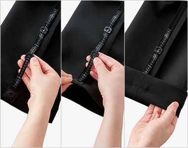 Bonmax BCP6105 [通年]ポリジン 裾上げらくらくパンツ[抗菌防臭][ストレッチ] 裾に目盛りの付いたテープとボタンがあり、縫わずに裾上げができます。最大13cm裾上げ可能です。