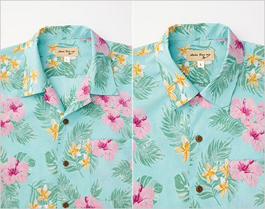 Facemix FB4577U [春夏用]アロハシャツ(ハイビスカス柄)[男女兼用] 開襟仕様ですが第一ボタンとループで襟を閉じることもできます
