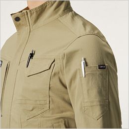 バートル 681 [通年用] 綿ストレッチツイル ジャケット[男女兼用] 袖ペンポケット(左)、胸ペン差し(左)、襟先ボタン止め