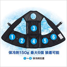 コーコス GI-469 [春夏用]アイスメッシュベスト 保冷剤150g用 6ポケット＆ペルチェ穴[男女兼用] 保冷剤150g 最大6個 装着可能
①～⑥保冷剤位置