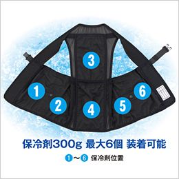 コーコス GI-479 [春夏用]アイスメッシュベスト 保冷剤300g用 6ポケット[男女兼用] 保冷剤300g 最大6個 装着可能
①～⑥保冷剤位置