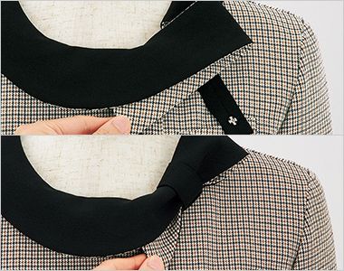 長袖オーバーブラウス リボンを反対に折り返してデザインカスタム。襟元のリボンを襟裏側に折り返して留めると、控えめなリボンデザインになり落ち着いた印象に。