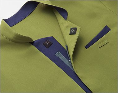 SerVo(サーヴォ) AD0601 ショップコート/七分袖/スタンドカラー(男女兼用) ジップアップ・スナップボタン。
前合わせはきれいに形が決まり、かんたんに着脱できる仕様に。