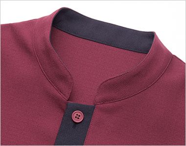 SerVo(サーヴォ) BC0600 ショップコート/七分袖/スタンドカラー[ころもて][男女兼用] 襟·前立て。
モダンな印象のスタンドカラーに配色の前立てがアクセント。
