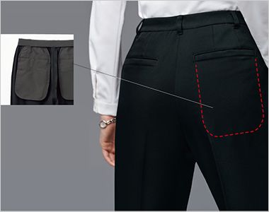 GROW GPAM2559 [通年]メンズストレートパンツ[2wayストレッチ/ウール調/フォーマル] 後ろは裏地レス。その分大きめの後ろポケットでインナーのラインがひびきにくい
