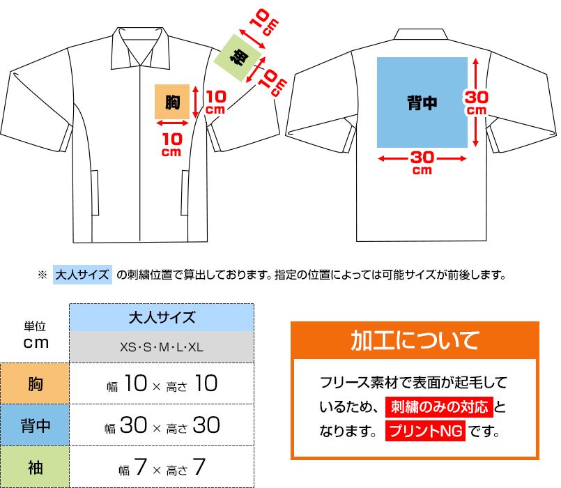 軽防寒 フリースジャケット(男女兼用) プリントエリア