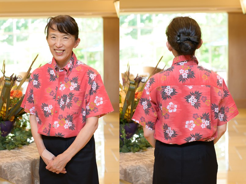 レッドの「カジーマ」柄は開放的できちんと感も